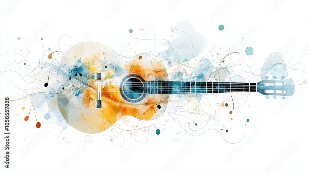 Poster image of abstract guitar strings with minimalist shapes and notes on a clean white background