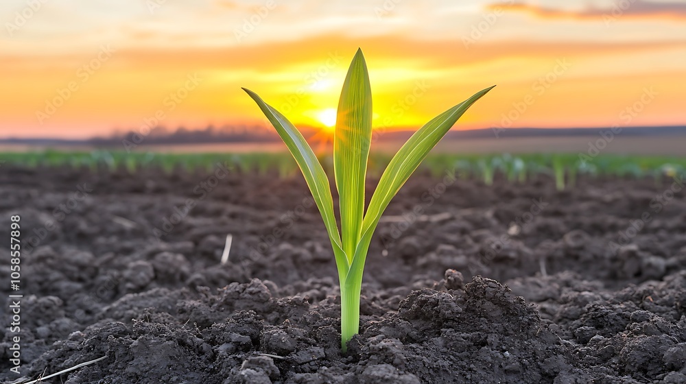 Poster new life sprouting in field at sunset blank background with copy space for design projects