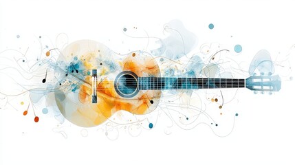Fototapeta premium image of abstract guitar strings with minimalist shapes and notes on a clean white background