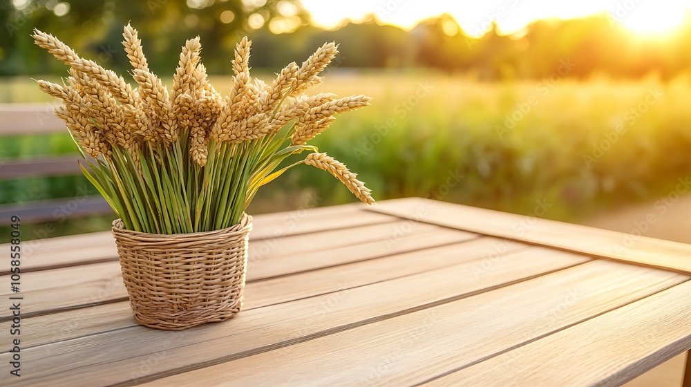 Poster wheat bouquet on wooden table plain textured background for web design and copy