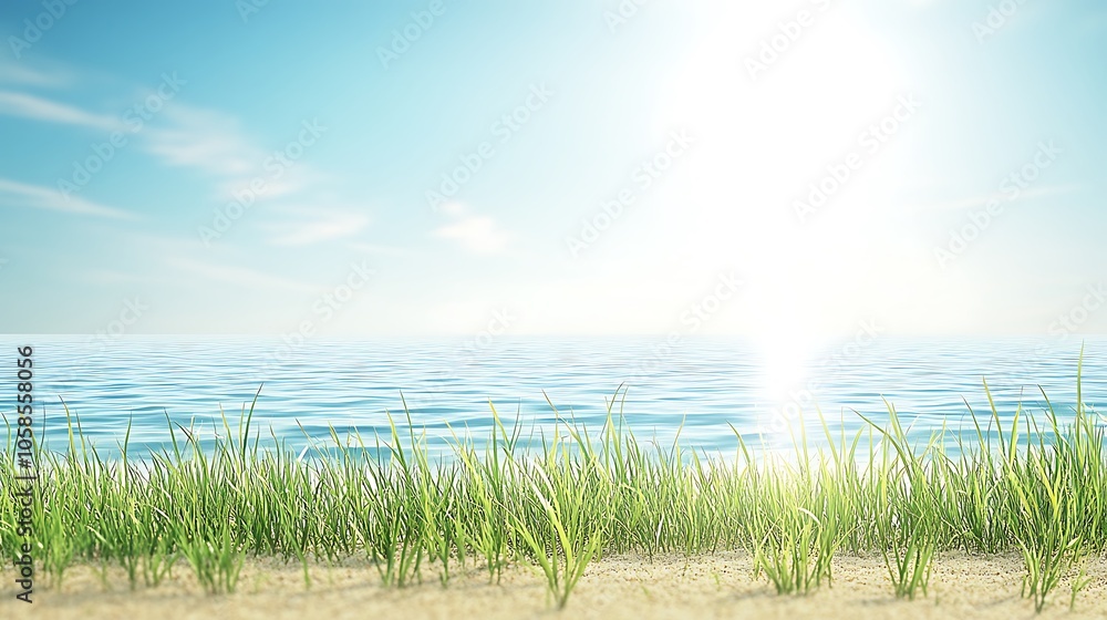 Poster sea and grass shore subtle blur background with space for custom text
