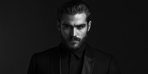 Obraz premium A self assured man with a beard, dressed in a black suit, looks directly into the camera. His slicked back hair enhances his aura of health and wisdom.