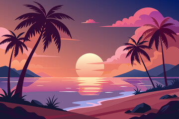 Sunset Serenity: Silhouetted Palms and Warm Reflections over a Tranquil Beach