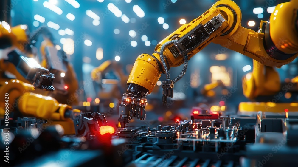 Poster robotic assembly line streamlining production with precision automation and efficiency