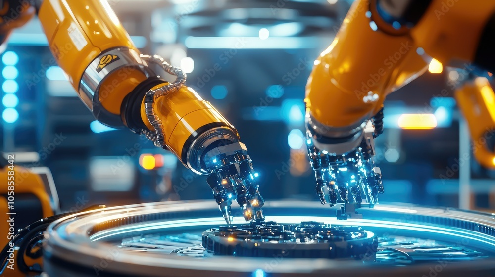 Poster automated robotic arms collaborating in high precision assembly line operations