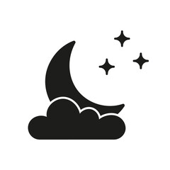 Crescent Moon with Cloud and Stars Silhouette Icon. Peaceful Nighttime Sky Glyph Symbol. Isolated Vector Illustration