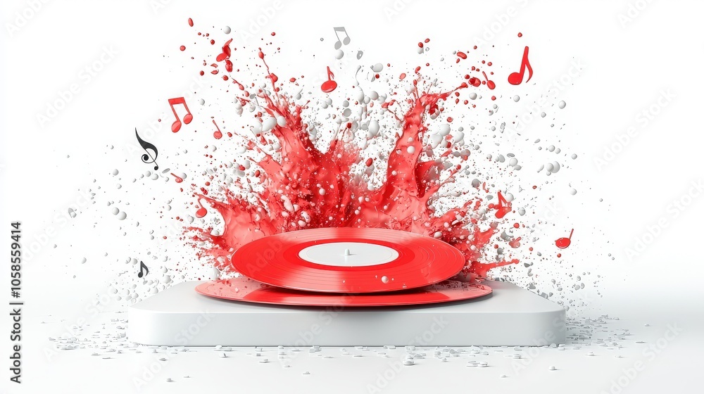 Aufkleber dynamic image of red record grooves spiraling with music notes and paint splashes, captured against 