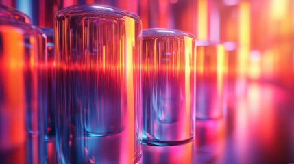 abstract 3d render of iridescent glass light emitters, reflecting a vibrant spectrum of colors, ideal for creative projects and captivating backgrounds or headers