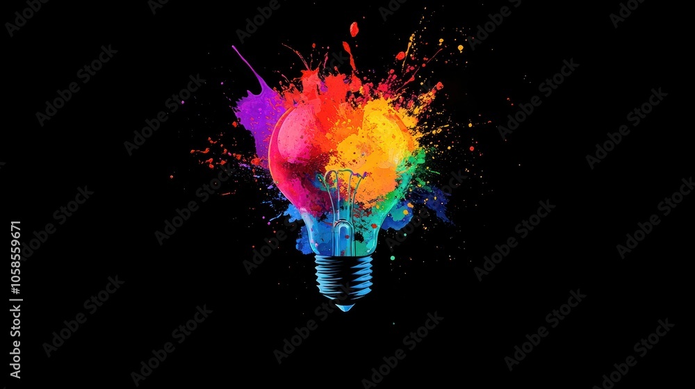 Aufkleber creative light bulb explodes with colorful paint and splashes on a black background. think different