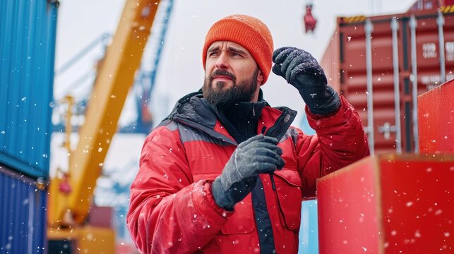 Dockworker in winter gear operating crane amidst snowy shipping containers