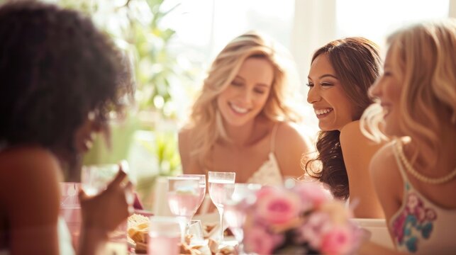 Defocused image of giggling friends gathered around a gift table at a bridal shower.