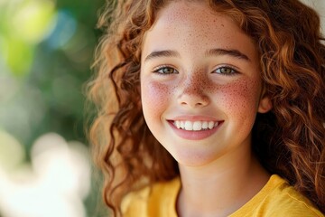 Fototapeta premium Cheerful mixed-race teenage girl with freckles smiling against a plain backdrop