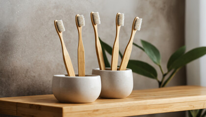 bamboo toothbrushes in a natural wood bathroom