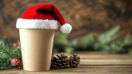 Blank paper coffee cup mockup with Santa hat