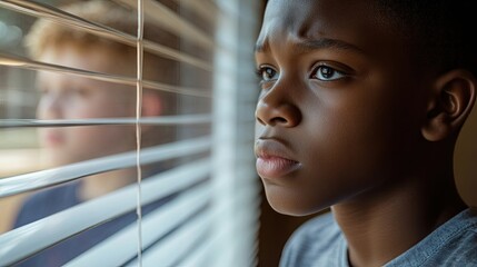 Fototapeta premium A thoughtful black African American man gazes out the window through the blinds during the afternoon, while a young light-haired student boy looks on with hopeful eyes, creating a serene atmosphere.