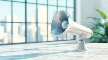 Modern Silver Megaphone on Marble Table: Minimalist Office Aesthetic