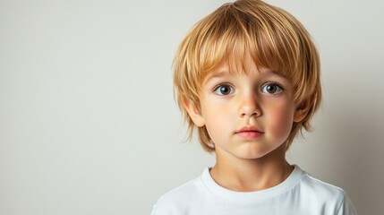 Curious young boy displaying an inquisitive expression while looking directly at the camera, creating an engaging portrait with ample copy space for text.