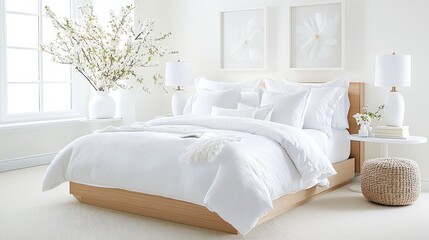 A serene bedroom with cozy elements that utilize a white contrast, combining soft textures and colors to create a peaceful and inviting retreat.