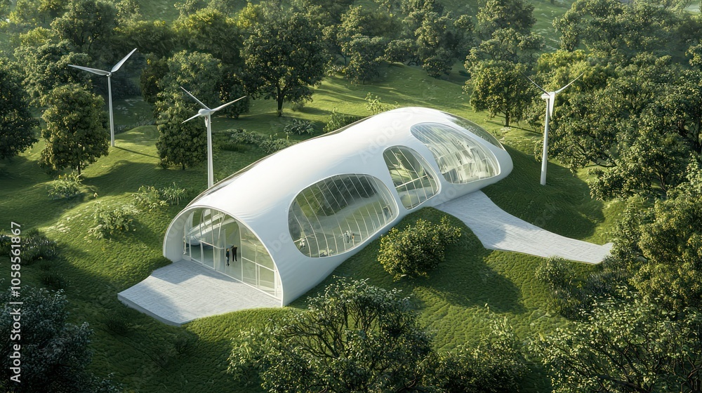 Poster futuristic net-zero greenhouse with wind turbines and clean energy integration, 3d rendering