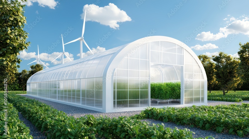 Aufkleber futuristic net-zero greenhouse with wind turbines and clean energy integration - 3d illustration
