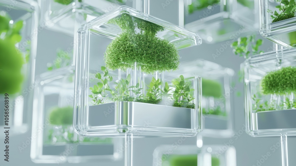 Poster futuristic ai-powered farming in glass structure creating a self-sufficient ecosystem - 3d illustrat