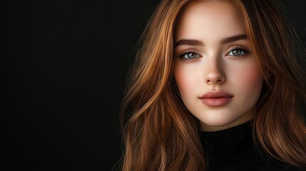 Portrait of a beautiful young woman with flawless skin, dressed elegantly in black. The portrait emphasizes the allure of youthful beauty and offers ample copy space.