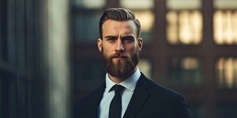 A self assured man with a beard, dressed in a black suit, looks directly into the camera. His slicked back hair enhances his aura of health and wisdom.