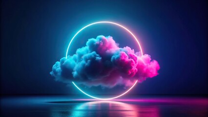 Obraz premium Neon ring and fluffy cloud on dark blue background