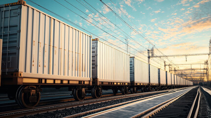 Obraz premium Freight train with multiple container cars on tracks under sunset sky, surrounded by overhead wires and railway infrastructure.