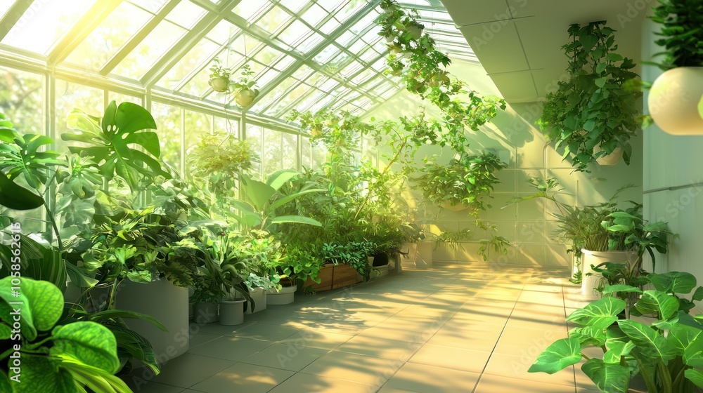 Poster futuristic net-zero greenhouse with robotic gardening and efficient systems - 3d illustration of sus