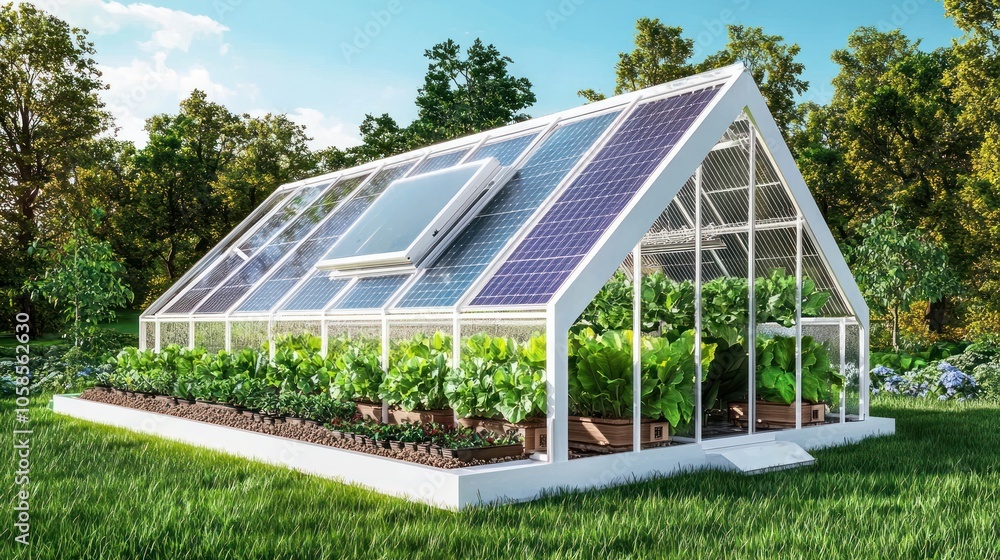 Poster futuristic net-zero greenhouse with robotic gardening and efficient systems - 3d illustration