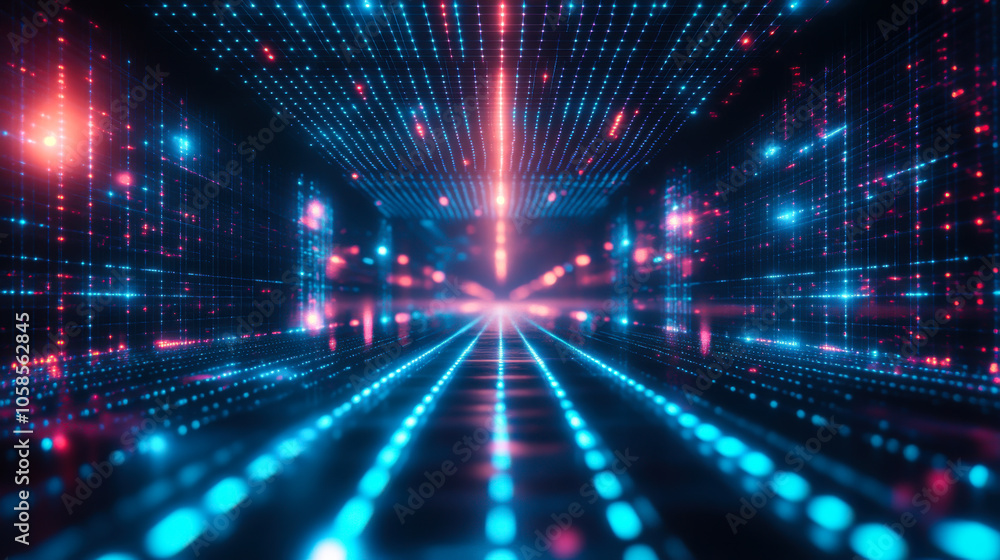 Poster a vibrant digital tunnel with blue and pink glowing lines creating a futuristic atmosphere during a 