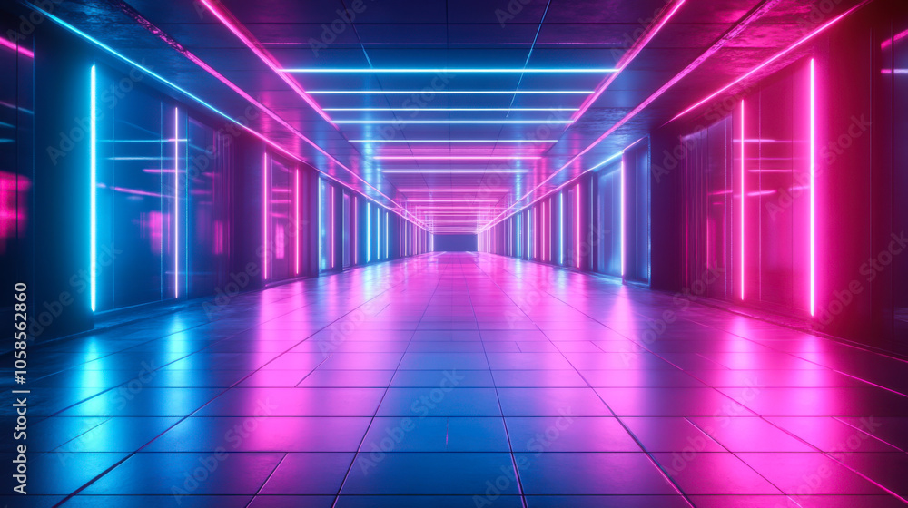 Poster a vibrant digital tunnel with blue and pink glowing lines creating a futuristic atmosphere during a 