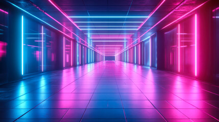 A vibrant digital tunnel with blue and pink glowing lines creating a futuristic atmosphere during a nighttime visualization