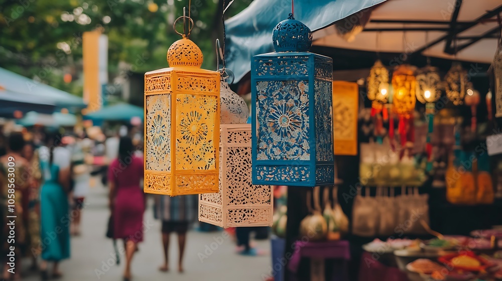 Poster colorful lanterns hanging in market plain textured background for web design and copy