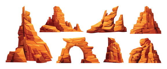 Set of canyon rock formations, including cliffs and arches. Vector cartoon illustration
