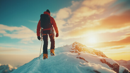 Brave Climber Ascends to the Mountaintop with Slow Motion Backlit Close-Up, Embodying Determination and Courage