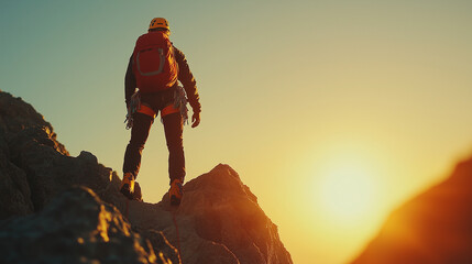 Brave Climber Ascends to the Mountaintop with Slow Motion Backlit Close-Up, Embodying Determination and Courage