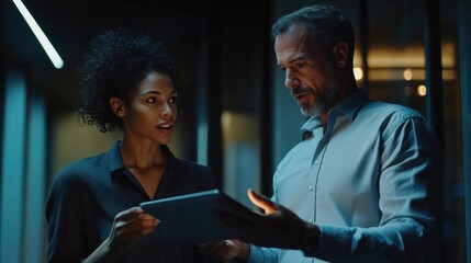 He trusts her business instincts. Shot of two coworkers talking together over a digital tablet in an office.