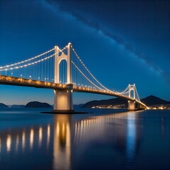 Fototapeta premium Illuminated Suspension Bridge at Night with Reflections