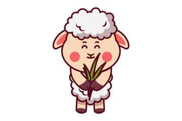 Cute Sheep Holding Grass Illustration