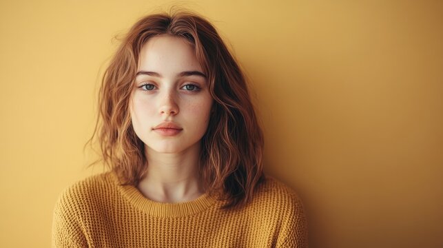 Anxious college girl portrayed in a thoughtful and emotional manner, capturing feelings of shyness. The image conveys the essence of anxiety with ample space for text or graphics.