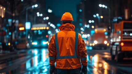 Night Road Maintenance: Worker Cleaning Streets in Orange Uniform