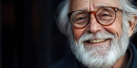 An elderly gentleman with glasses and a white beard is smiling. This cheerful senior man, with his glasses and white beard, radiates warmth and happiness.