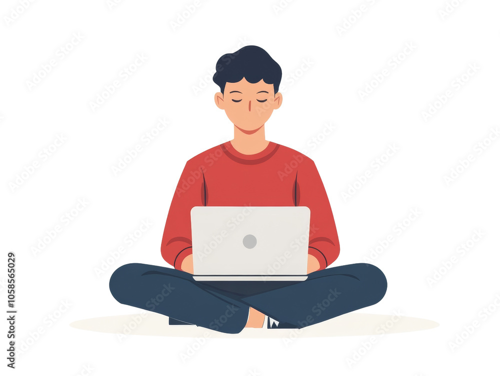 Poster man sitting cross-legged with laptop