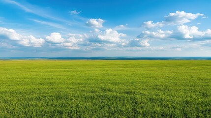 Fototapeta premium A serene landscape featuring lush green grass under a bright blue sky with fluffy white clouds, perfect for peaceful outdoor themes.