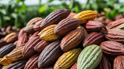 Fototapeta premium A vibrant display of cocoa pods showcasing their rich colors and textures. Perfect for food and agriculture themes.