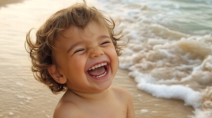 A young boy laughing joyfully on the beach captures the essence of childhood happiness. This beach moment reflects carefree fun, with ample space for creative design elements.