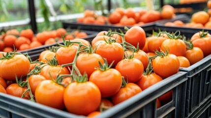 Fresh, vibrant tomatoes arranged in crates, showcasing their rich color and healthy appearance in a greenhouse setting.