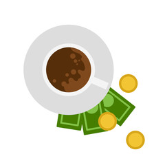 A cup of drink and money, tips. Vector simple color flat illustration.
